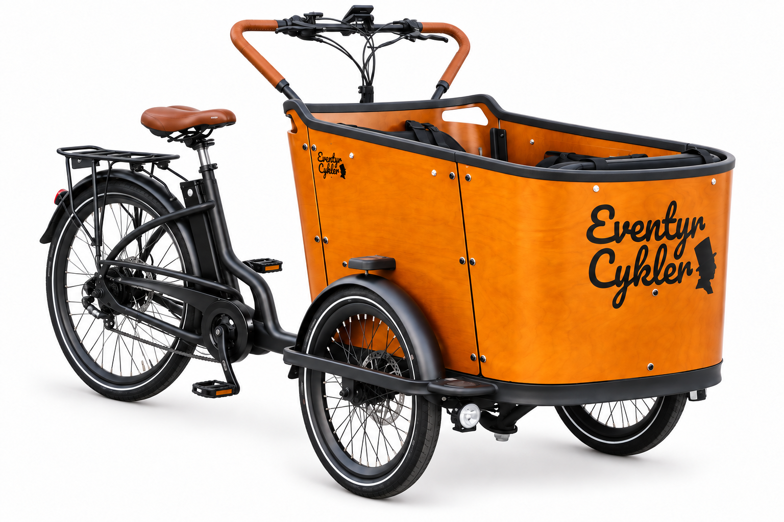 Orange EventyrCykler ladcykel med brunt styr og saddel